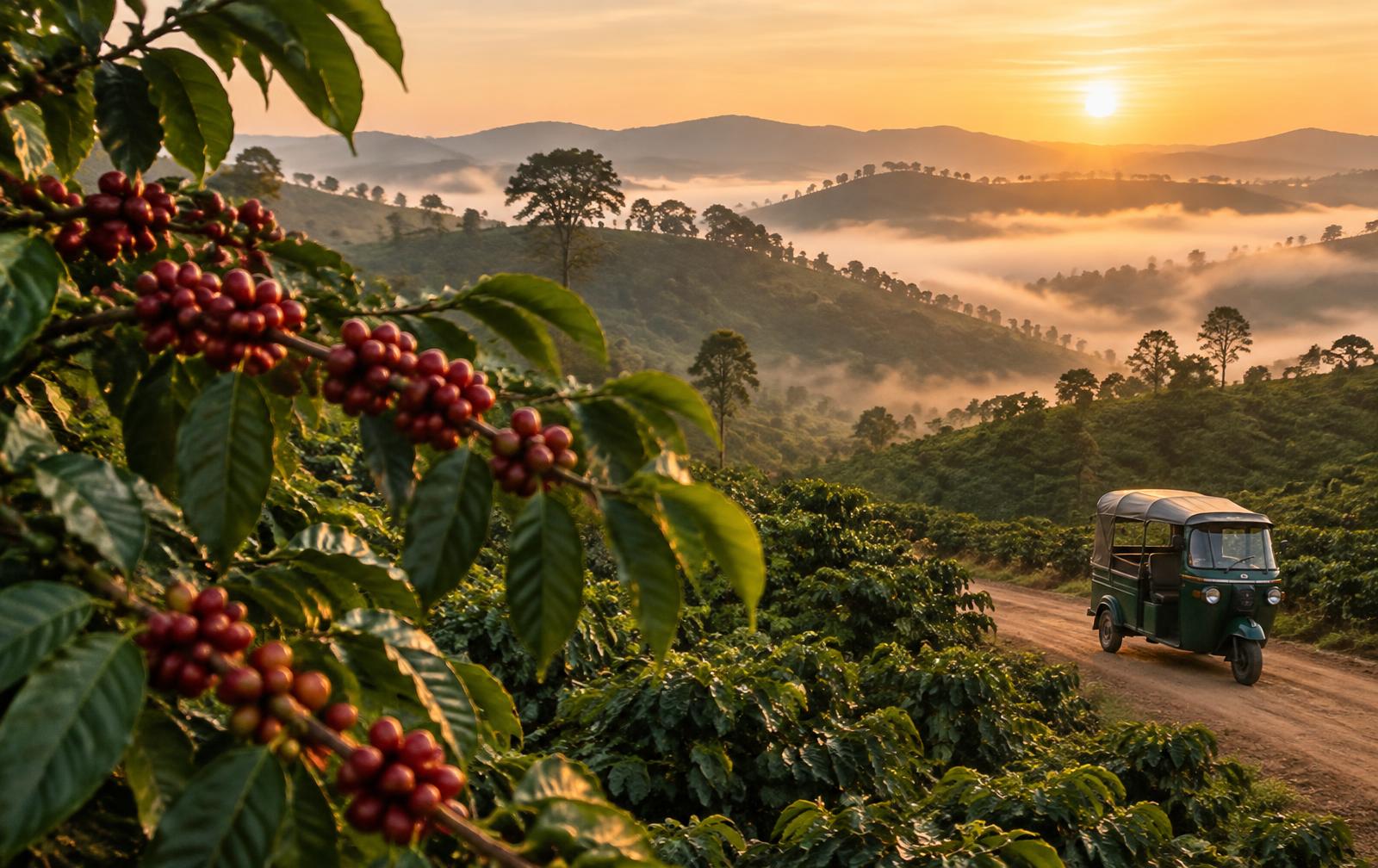 Plantación de café en las montañas de Chiang Rai al amanecer